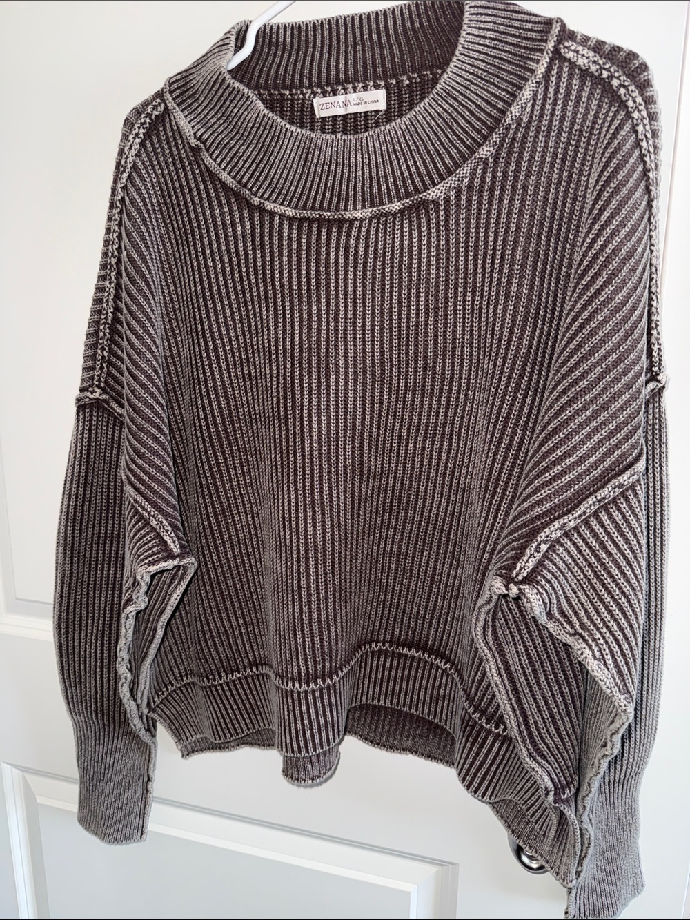 Zenana Outfitters Charcoal Ribbed Cowl Neck Sweater